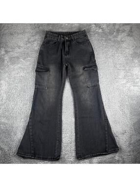 Unbranded Cargo Flare Jeans Womens 27 Washed Black High Rise Wide Leg Utility